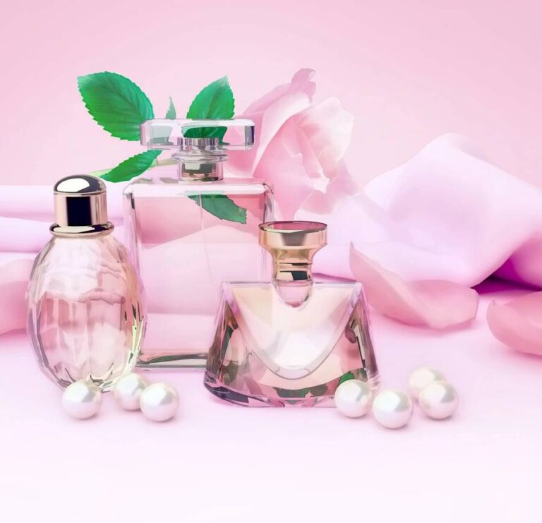 Perfume bottles and flower rose, petals and pearls on pink silk. 3D illustration